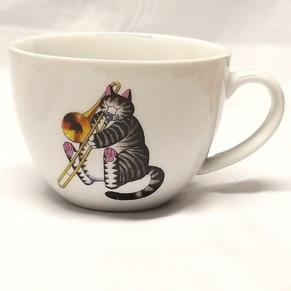 Cartoon Cat Playing Horne 16oz White Mug
